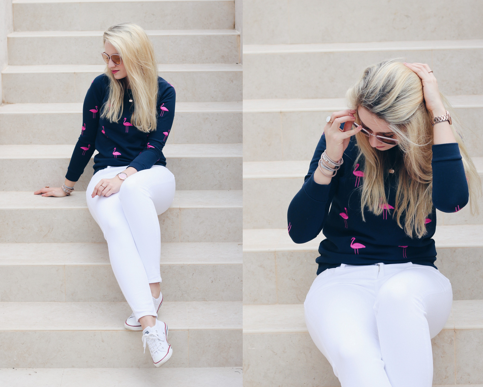 mrs.brightside-outfit-look-summer-spring-flamingo-pullover-weiße-jeans-chucks-michael-kors-sonnenbrille-uhr-blogger