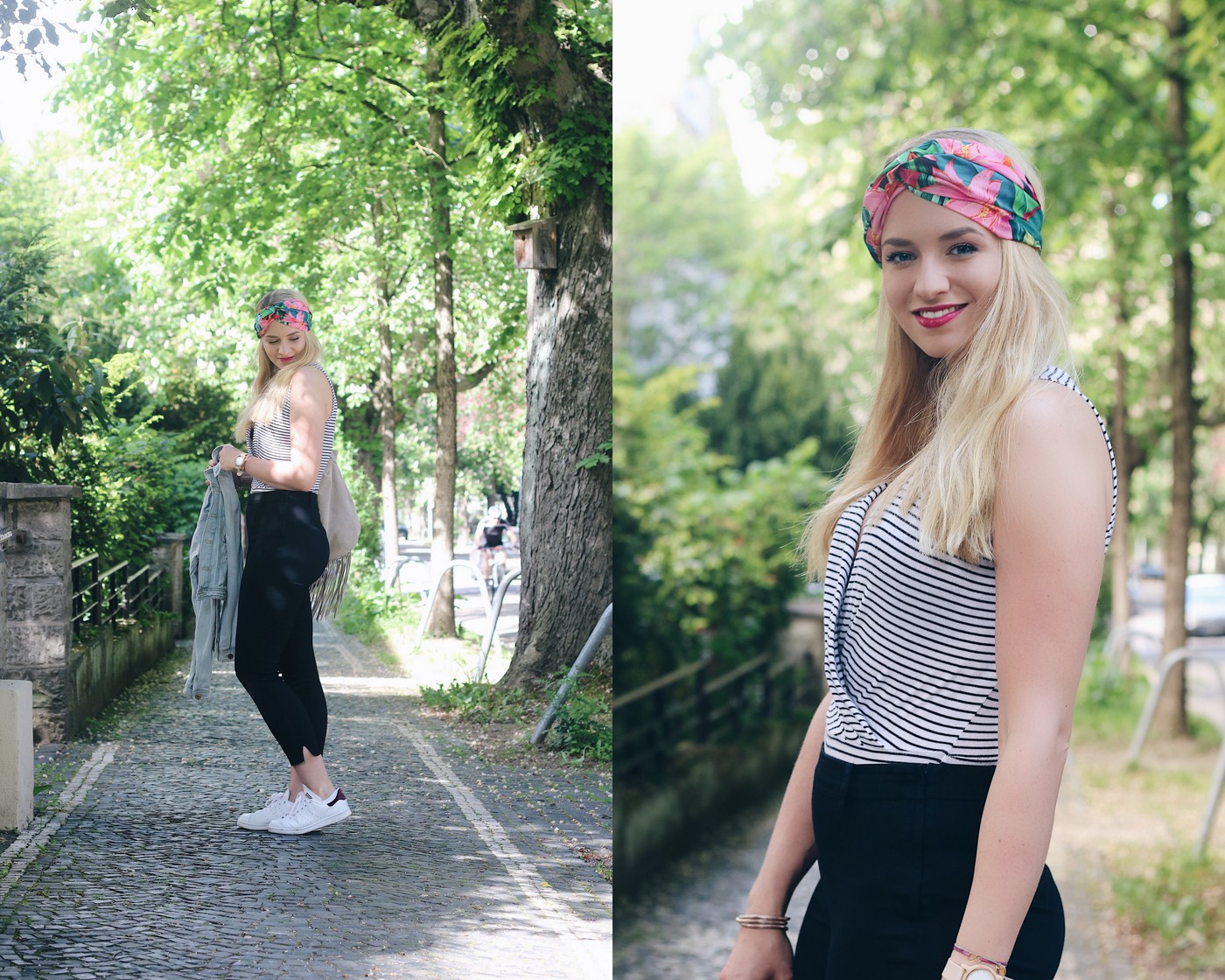 mrsbrightside-rosa-outfit-look-blogger-summerlook-sommeroutfit-body-streifen-stripes-slacks-headband-kopftuch-kerbholz-uhr-blumen-zara