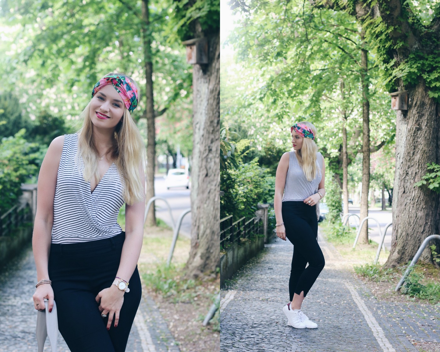 mrsbrightside-rosa-outfit-look-blogger-summerlook-sommeroutfit-body-streifen-stripes-slacks-headband-kopftuch-kerbholz-uhr-blumen-zara