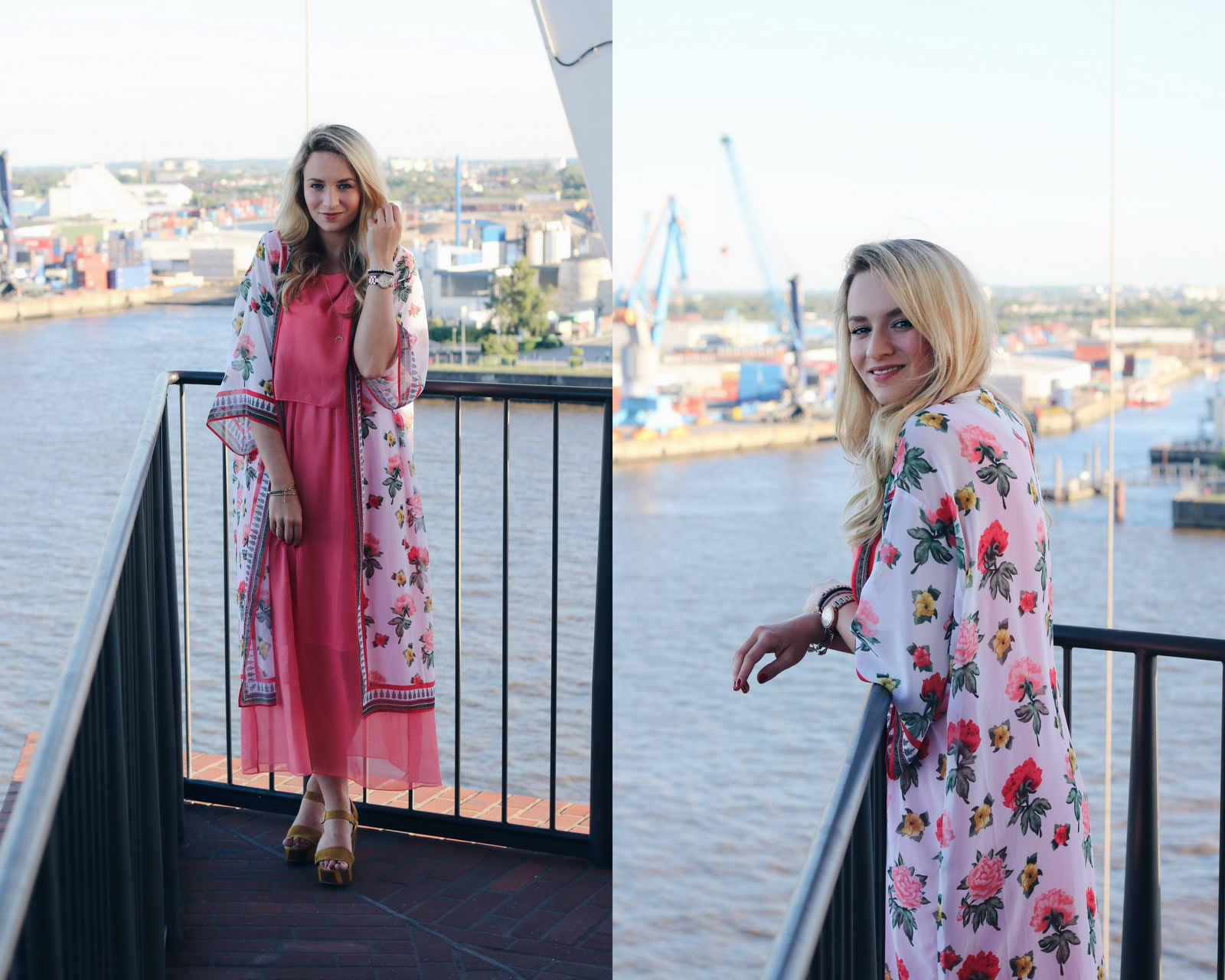 mrsbrightside-rosavivi-elbphilharmonie-shooting-blogger-fashion-outfit-hm-flower-kimono-kleid-dress-apricot-coral-peperosa-wedges-senfgelb-thewestin-hamburg