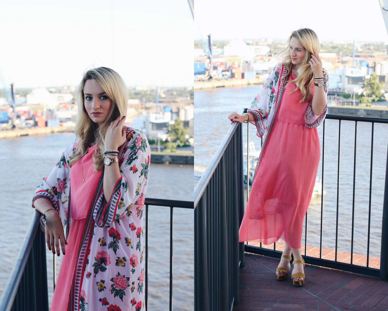 mrsbrightside-rosavivi-elbphilharmonie-shooting-blogger-fashion-outfit-hm-flower-kimono-kleid-dress-apricot-coral-peperosa-wedges-senfgelb-thewestin-hamburg