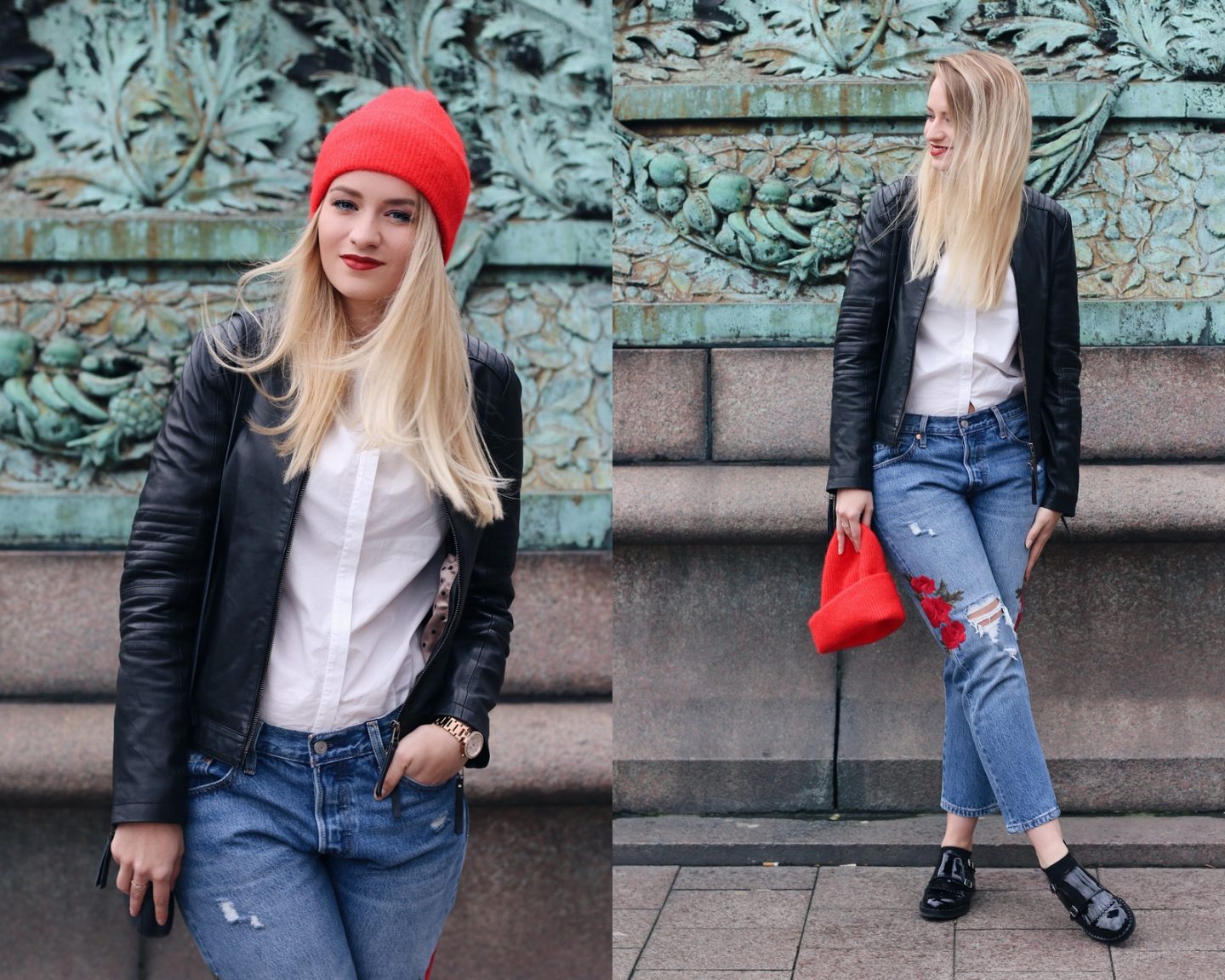 Mrs. Brightside Rosavivi Blogger Hamburg Blog Outfit Herbstlook Trend Statement Beanie Rot Samsoe Samsoe Levis Embroidered Jeans Bluse Lederjacke 5