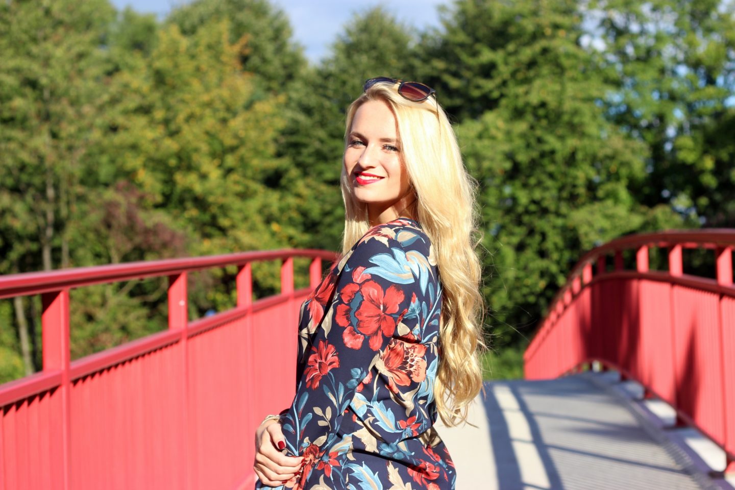Outfit: Floral Blouse & Red Bridge